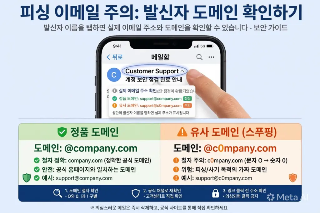이메일 앱에서 발신자 이름을 눌러 실제 이메일 주소 도메인을 확인하는 과정, 정상 도메인과 유사 도메인을 비교하는 화면