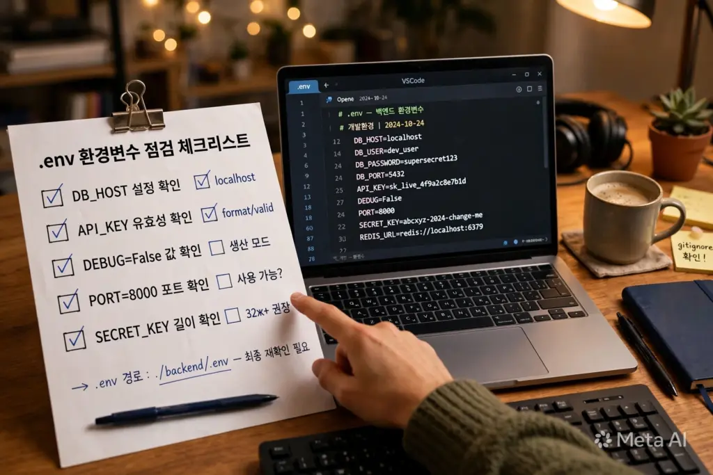 체크리스트 문서와 노트북 화면을 함께 놓고 환경 변수 파일을 점검하는 개발자의 책상 모습