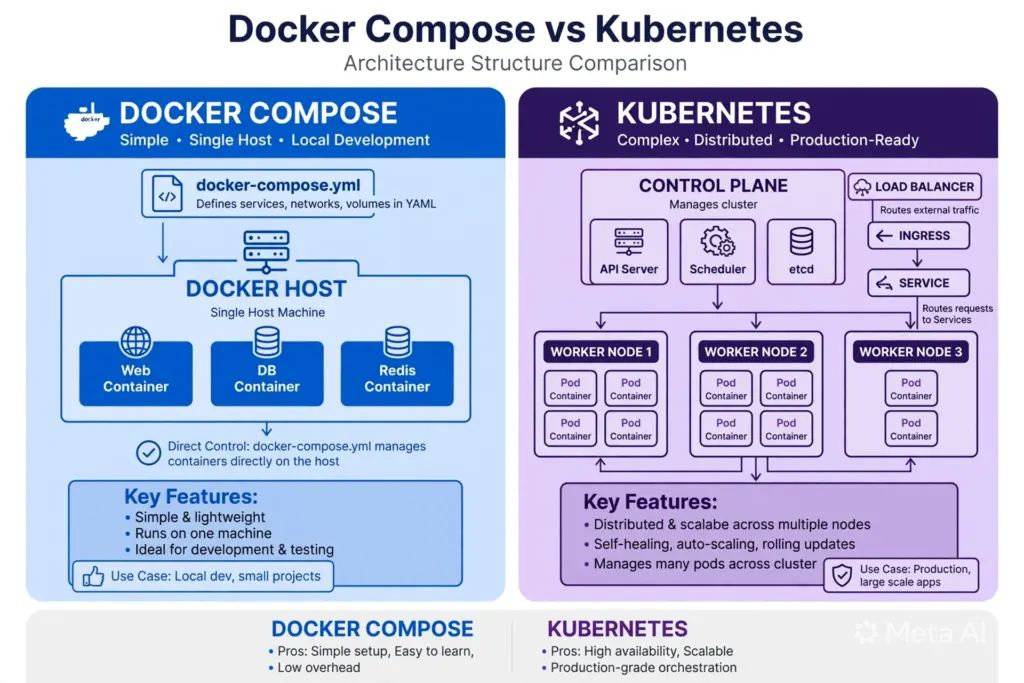 Docker Compose와 Kubernetes 아키텍처 구조를 나란히 비교하는 인포그래픽