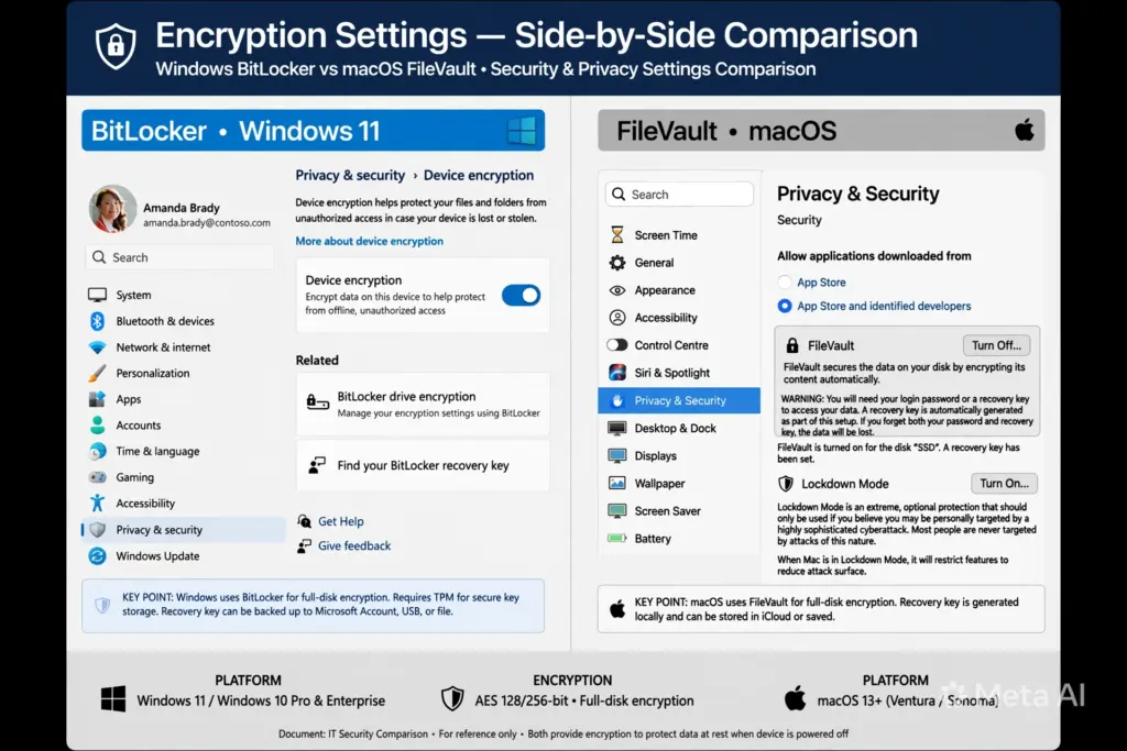 BitLocker와 FileVault 암호화 설정 화면을 나란히 비교하는 스크린샷, Windows와 Mac 보안 설정 메뉴 비교
