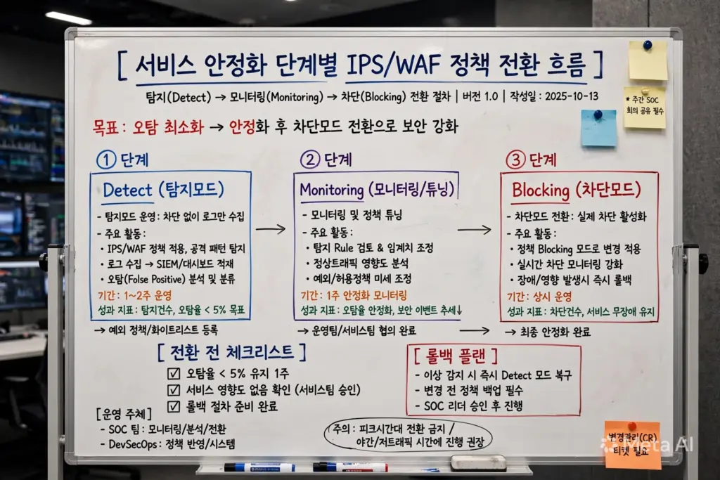 서비스 안정화 단계별로 IPS WAF 정책을 탐지 모드에서 차단 모드로 전환하는 흐름을 정리한 실무 화이트보드