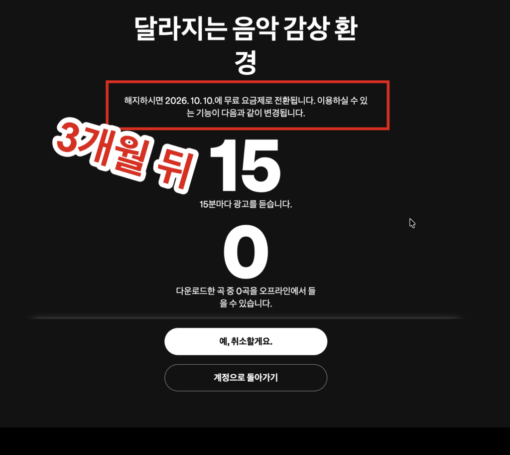 스포티파이 구독 해지 완료 후 이용 만료 예정일이 표시된 확인 화면