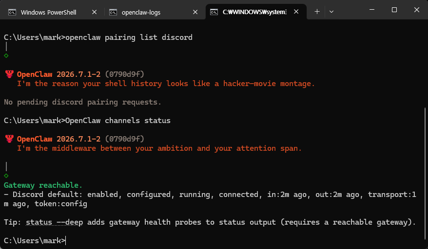 OpenClaw channels status 명령으로 Discord 연결 상태를 확인하는 터미널 화면