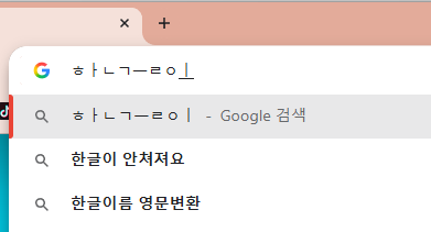 윈도우11 크롬 주소창에 한글 자음과 모음이 분리되어 입력되는 화면 캡처