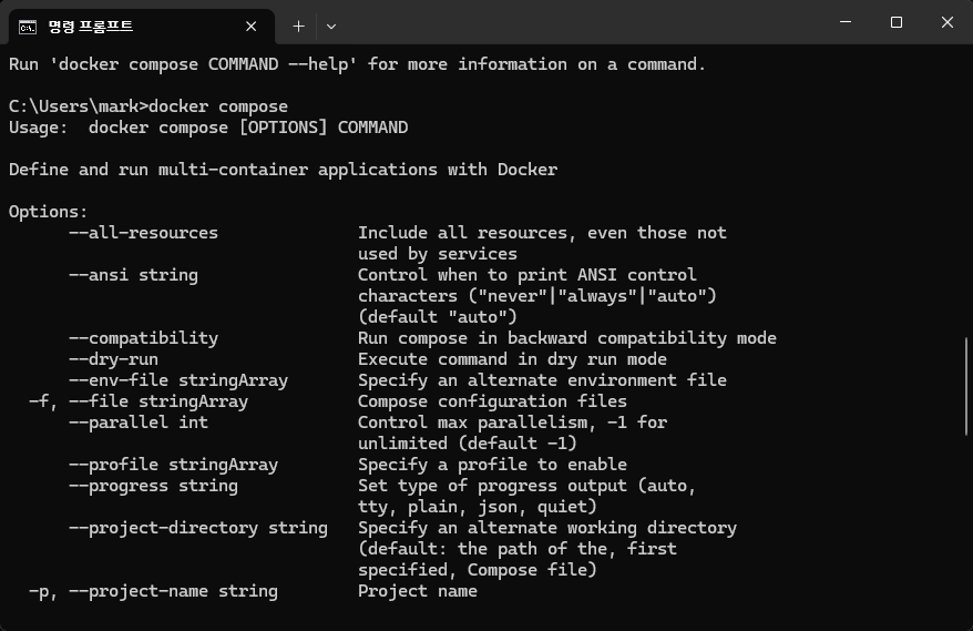 터미널에서 docker-compose와 docker compose 명령어 실행 결과를 비교하는 화면 캡처