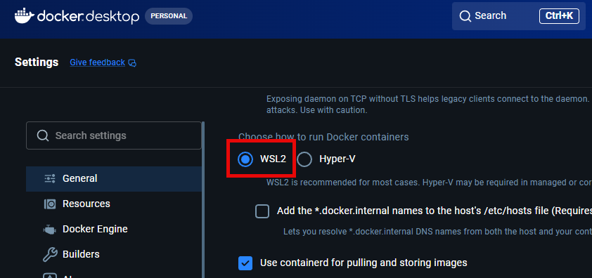 Windows Docker Desktop 설정 화면에서 WSL2 통합 옵션을 활성화하는 모습