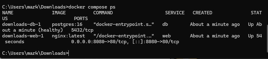 docker compose up 실행 후 web과 db 컨테이너가 정상 기동된 터미널 로그 화면