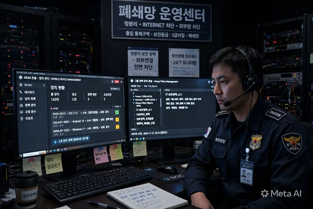 보안 담당자가 망분리 폐쇄망 환경에서 MDM 콘솔과 GPO 관리 화면을 동시에 모니터링하는 업무 환경 사진