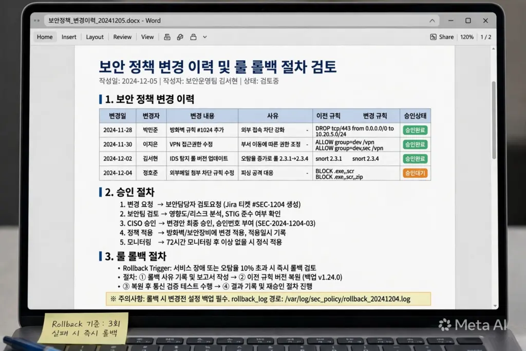 보안 정책 변경 이력을 기록한 문서와 룰 롤백 절차를 검토하는 실무자의 노트북 화면