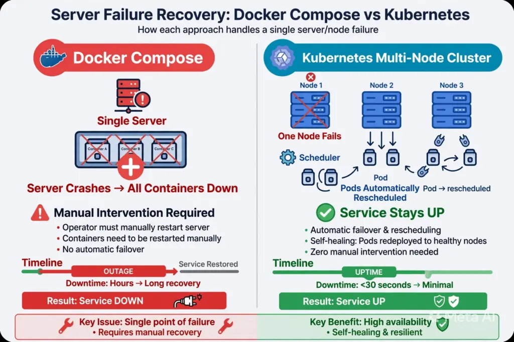 서버 장애 발생 시 Docker Compose 환경과 Kubernetes 환경의 복구 방식을 비교하는 다이어그램