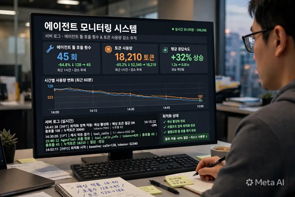 서버 로그에서 에이전트 툴 호출 횟수와 토큰 사용량이 줄어드는 과정을 모니터링하는 모습