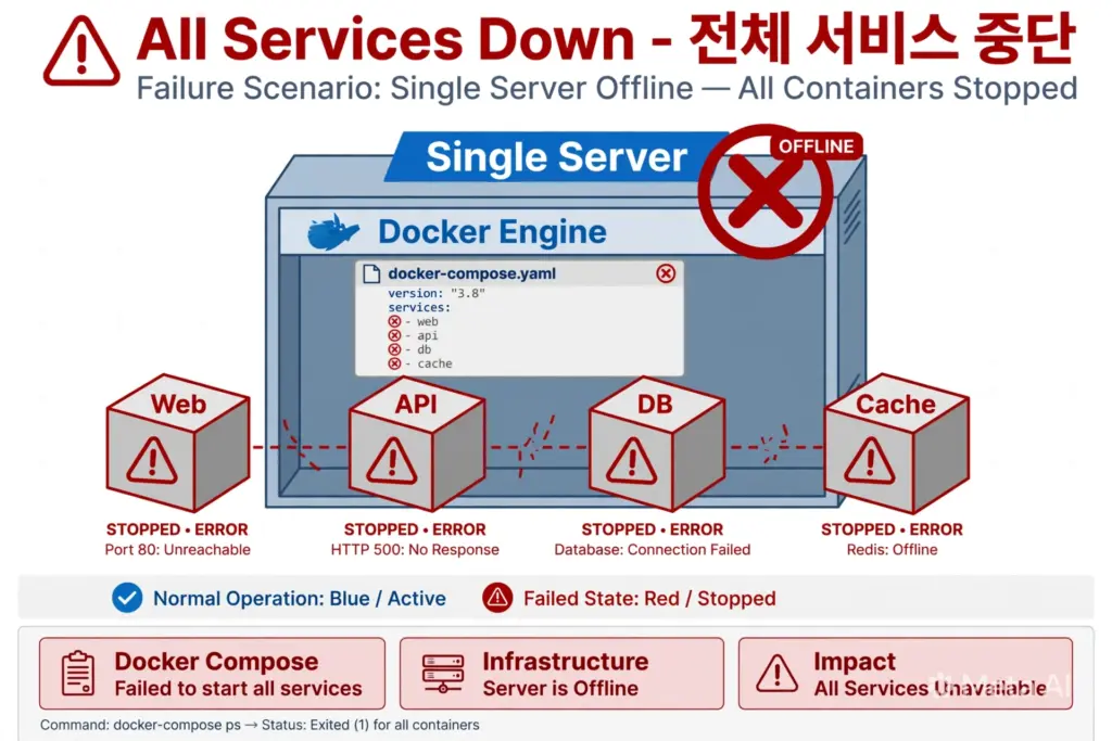 단일 서버에 Docker Compose로 여러 컨테이너가 실행 중인 구조도, 서버 장애 시 전체 서비스 중단 표시