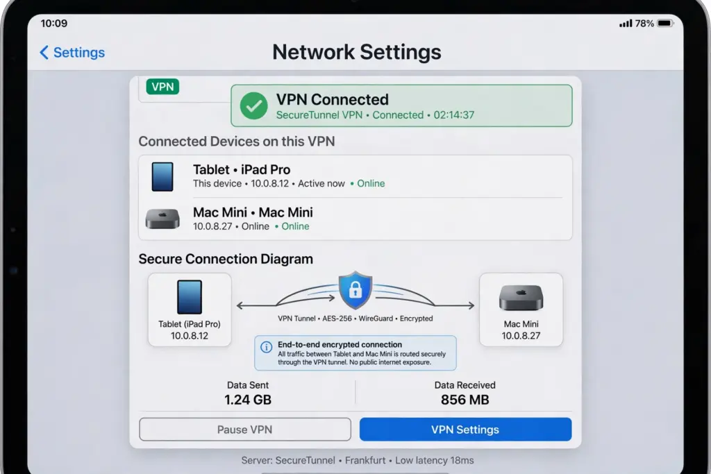 태블릿과 맥미니가 같은 VPN 네트워크로 연결된 상태를 보여주는 네트워크 설정 화면