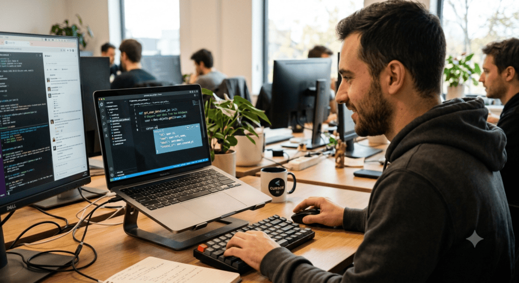 개발자가 노트북 화면에서 Cursor IDE로 AI 코드 자동완성을 확인하는 모습