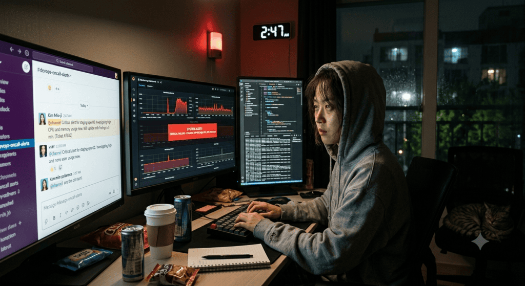 새벽 시간대 장애 알람을 받고 슬랙 채널에 상황을 공유하는 온콜 엔지니어의 화면