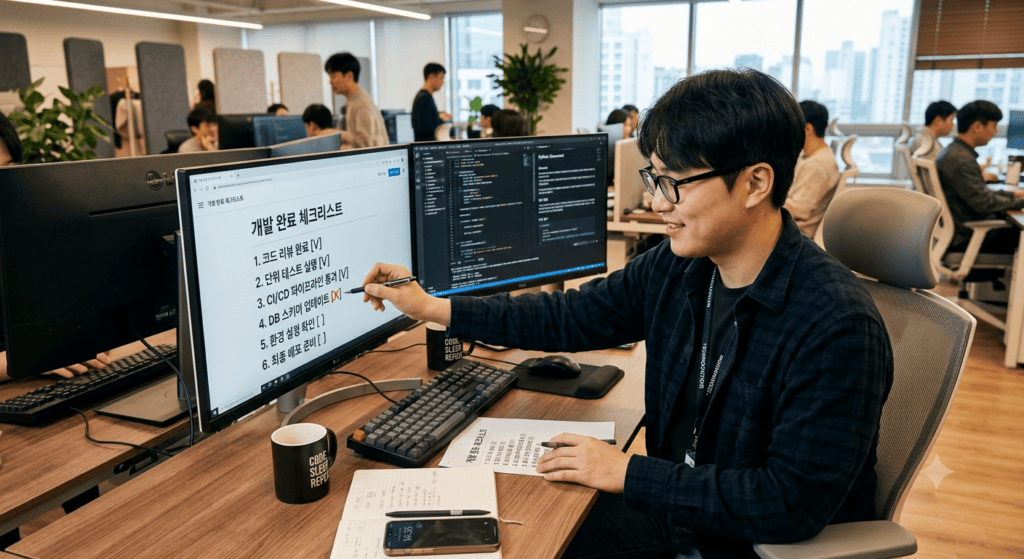 체크리스트를 화면에 띄우고 항목별로 하나씩 확인하는 개발자의 모습