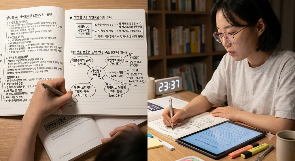 CPPG 시험 준비생이 생성형 AI 개인정보 처리 규정을 공부하며 개인정보보호법 조항 연결 구조를 노트에 정리하는 모습
