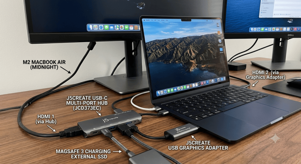 M2 맥북에어에 USB-C 허브와 J5 Create USB 그래픽 어댑터를 연결한 실제 케이블 구성