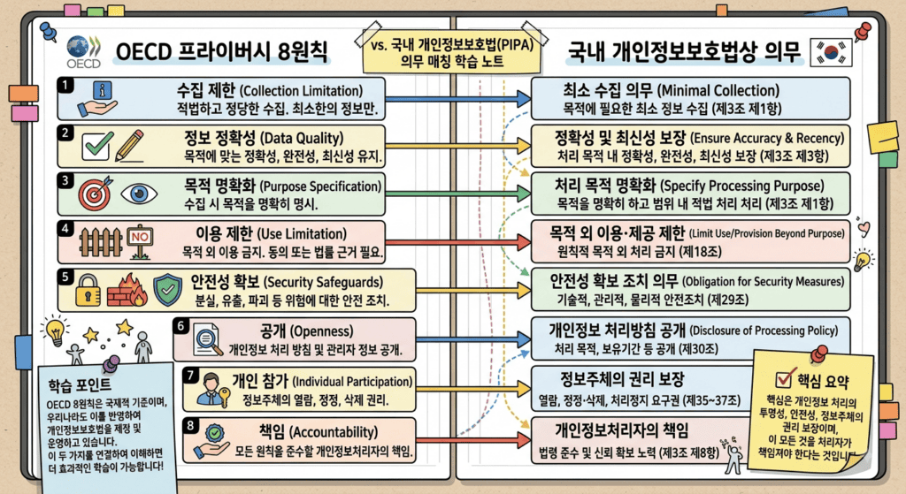 OECD 프라이버시 8원칙과 국내 개인정보보호법상 의무를 나란히 비교한 학습 노트, 원칙-의무 매칭 학습 목적