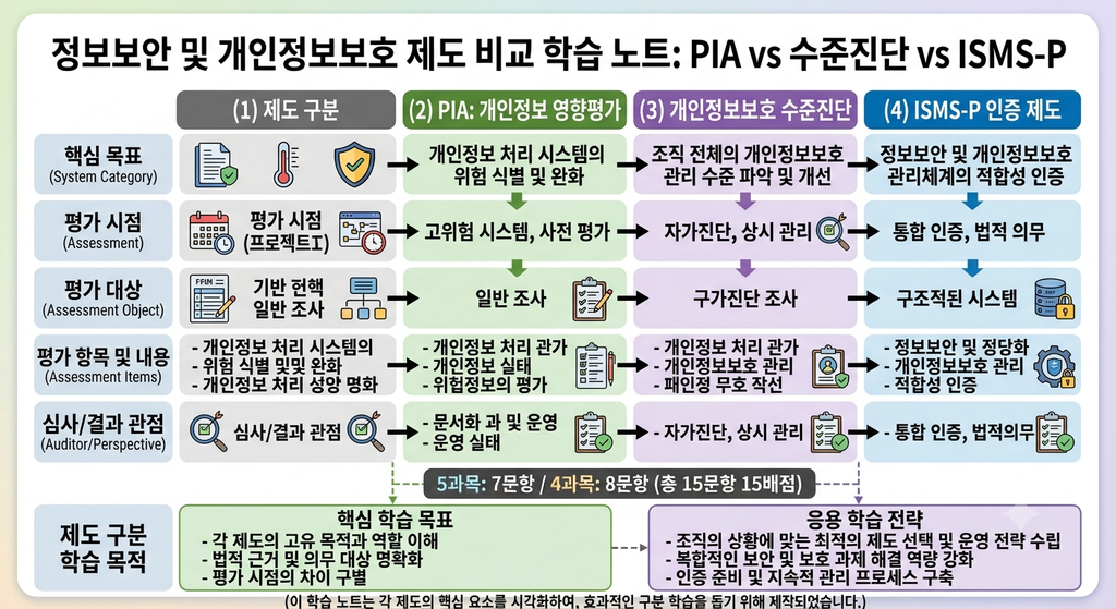 PIA, 개인정보보호 수준진단, ISMS-P 세 가지 제도를 시점과 대상 기준으로 비교한 학습 노트, 제도 구분 학습 목적