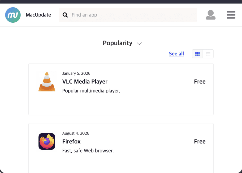 MacUpdate 웹사이트에서 프로그램 검색 후 리뷰와 버전 정보를 확인하는 화면
