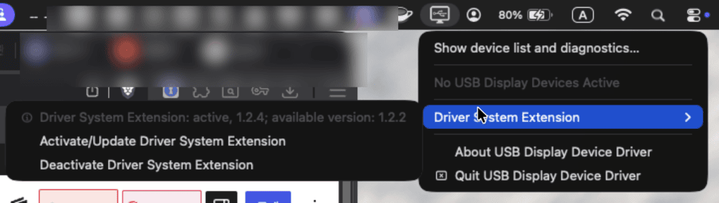 macOS에서 USB Display 앱을 실행하고 시스템 확장 권한을 허용하는 설정 화면