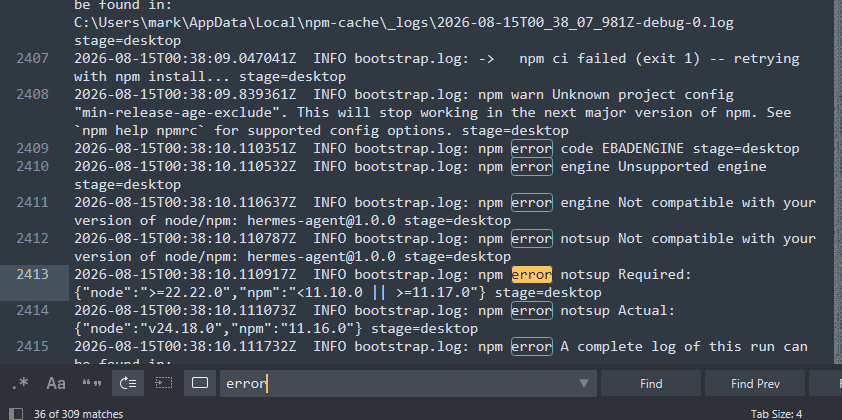 npm EBADENGINE 오류 메시지와 Required, Actual 버전 정보가 표시된 로그