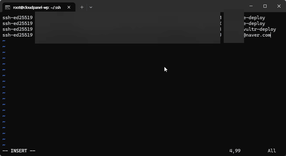 Linux 서버 터미널에서 .ssh 디렉토리를 생성하고 authorized_keys 파일에 공개키를 추가하는 명령어 실행 화면, 공개키 수동 등록 절차 안내 목적