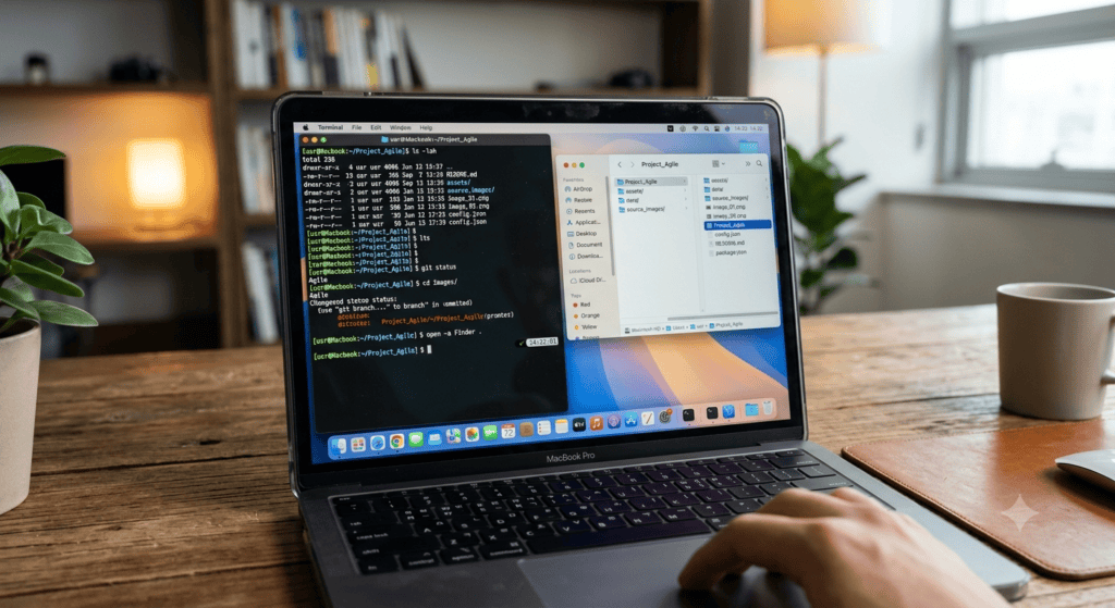 MacBook 화면에 터미널과 Finder가 나란히 열려 있고 open 명령으로 폴더를 연 상태의 실무 작업 환경