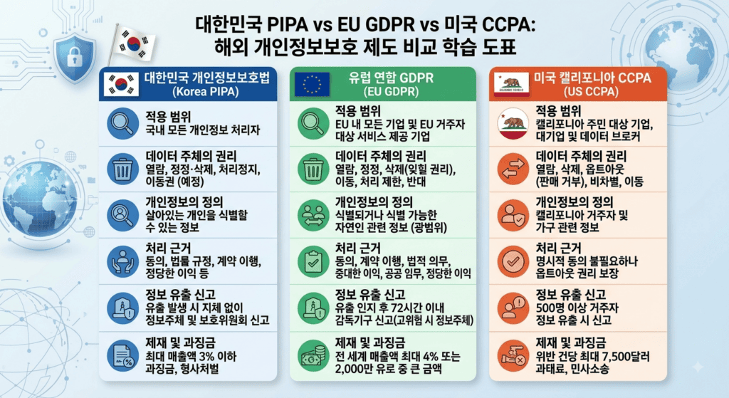 국내 개인정보보호법과 EU GDPR, 미국 CCPA를 나란히 비교한 학습 도표, 해외 제도 비교 학습 목적