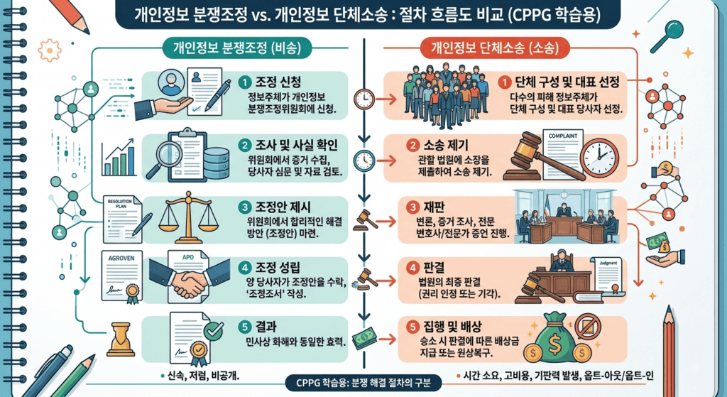 개인정보 분쟁조정과 단체소송 절차 차이를 비교한 흐름도, 분쟁해결절차 구분 학습 목적