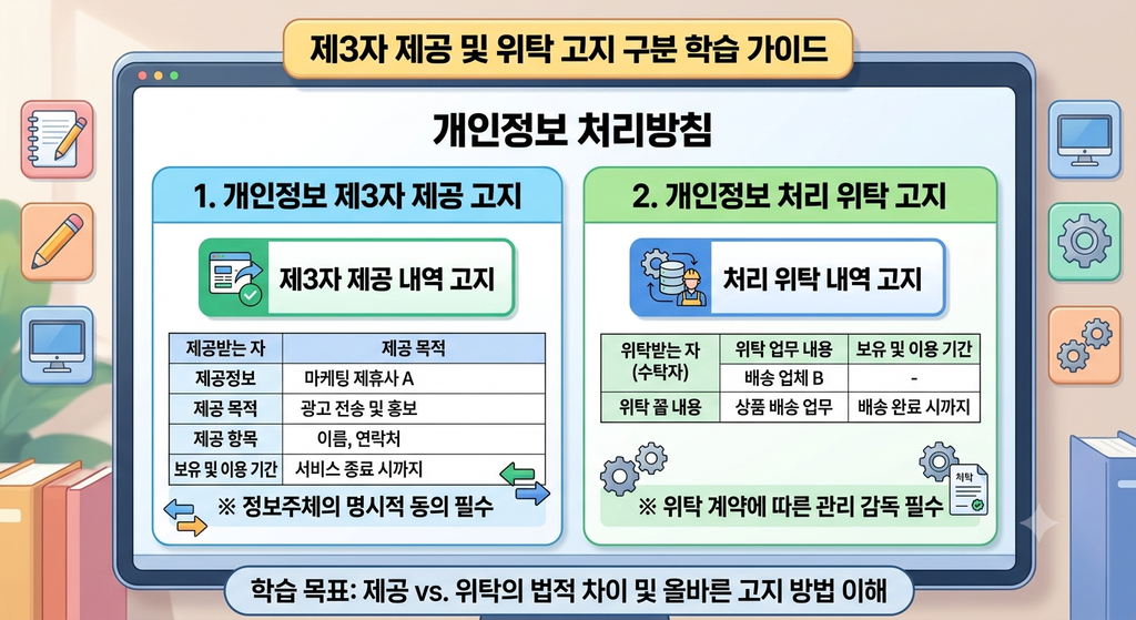 개인정보 처리방침에서 제3자 제공 항목과 위탁 항목을 각각 표시한 고지 화면, 제공-위탁 고지 구분 학습 목적