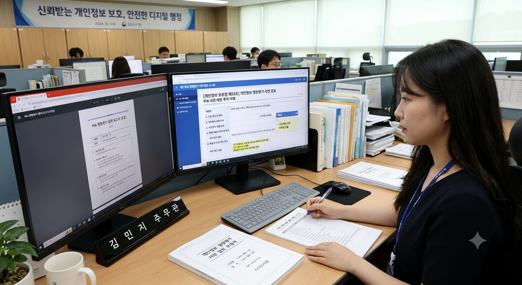 공공기관 담당자가 개인정보 영향평가 보고서를 시스템 구축 전 사전 검토하는 실무 화면, PIA 사전 예방 성격 이해 목적
