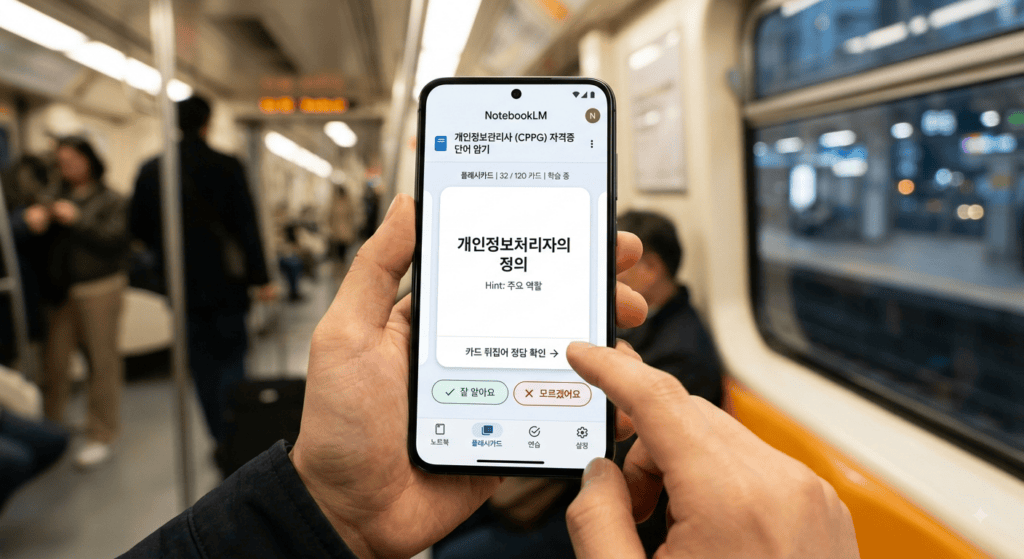 구글 NotebookLM 모바일 앱에서 플래시카드 화면이 표시된 화면, 이동 시간 활용 자격증 단어 암기 복습 목적