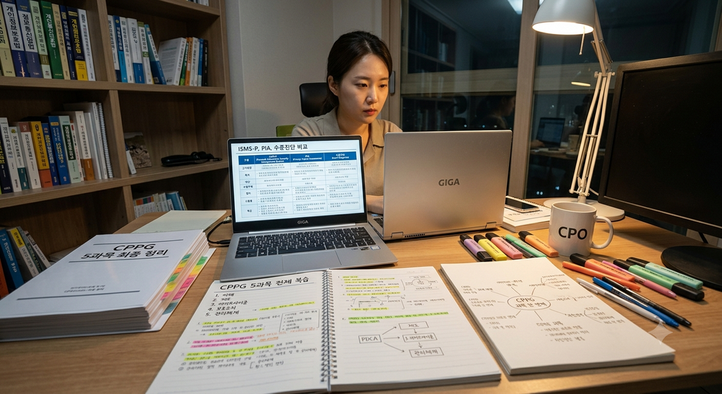 노트북 화면에 ISMS-P, PIA, 수준진단 비교표를 띄워놓고 CPPG 5과목 최종 정리를 하는 학습 장면, 5과목 전체 복습 목적
