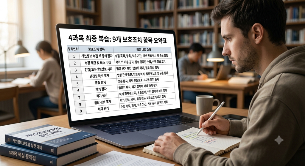 노트북 화면에 아홉 개 보호조치 항목 요약표를 띄워놓고 4과목 최종 복습을 하는 학습 장면, 실전 대비 최종 점검 목적
