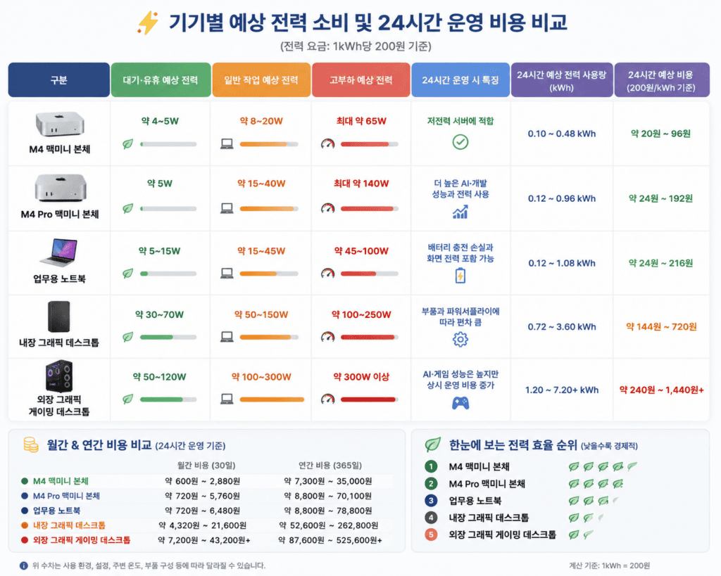 맥미니 데스크톱 전기 요금 비교
