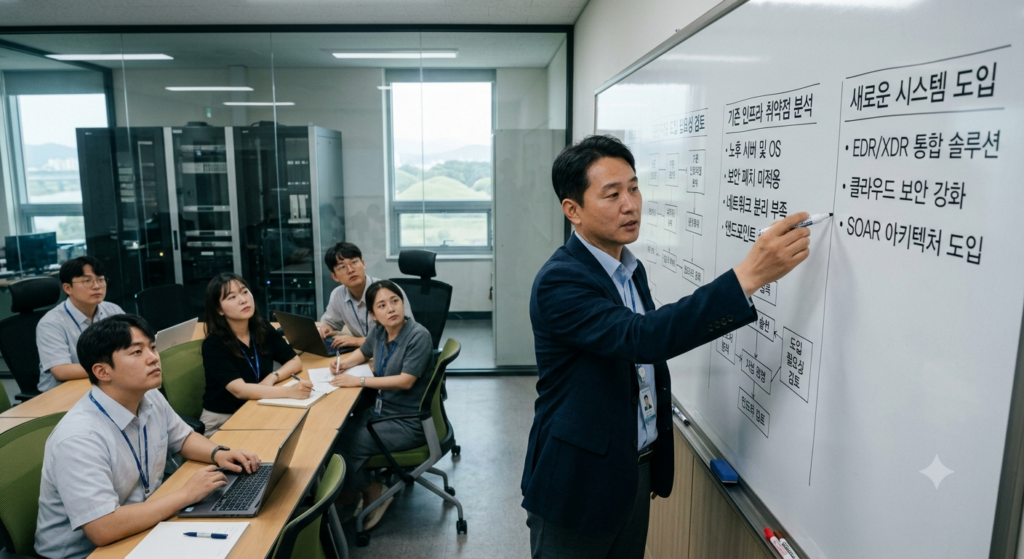 보안팀 담당자가 화이트보드 앞에서 기존 인프라 취약점을 정리하며 도입 필요성을 검토하는 회의 장면
