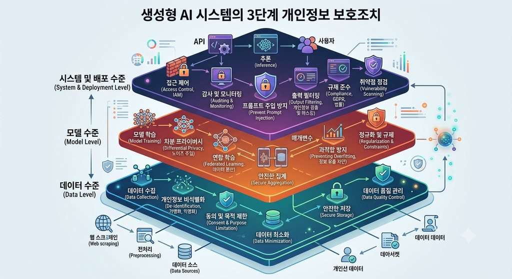 생성형 AI 시스템의 데이터, 모델, 시스템 세 수준에서 각각 적용되는 개인정보 보호조치를 레이어 구조로 표현한 다이어그램