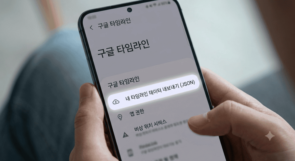 안드로이드 폰 설정 앱에서 위치 → 위치 서비스 → 타임라인 경로를 찾아 들어가는 화면, JSON 내보내기 위한 경로 탐색 목적
