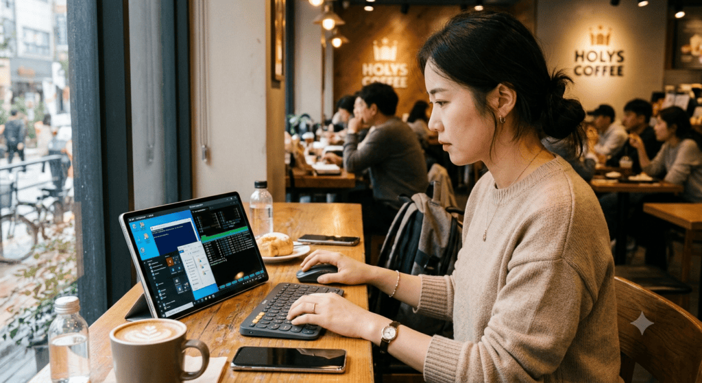 카페에서 8인치대 태블릿으로 RDP 원격 데스크톱과 SSH 터미널을 동시에 확인하는 모습