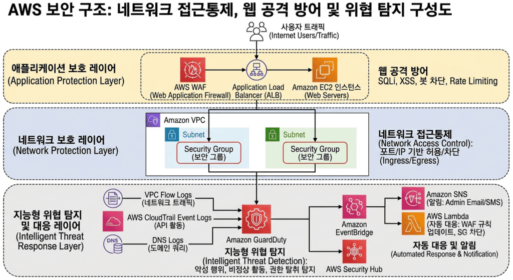 AWS 보안 구조에서 Security Group, WAF, GuardDuty가 네트워크 접근통제와 웹 공격 방어 및 위협 탐지를 담당하는 구성도