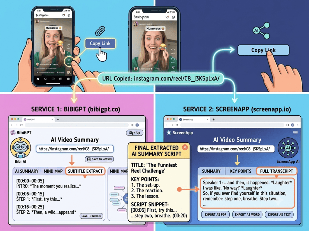 BibiGPT 및 ScreenApp 사이트에 인스타그램 릴스 URL을 입력하여 AI 요약 스크립트를 추출하는 작업 화면