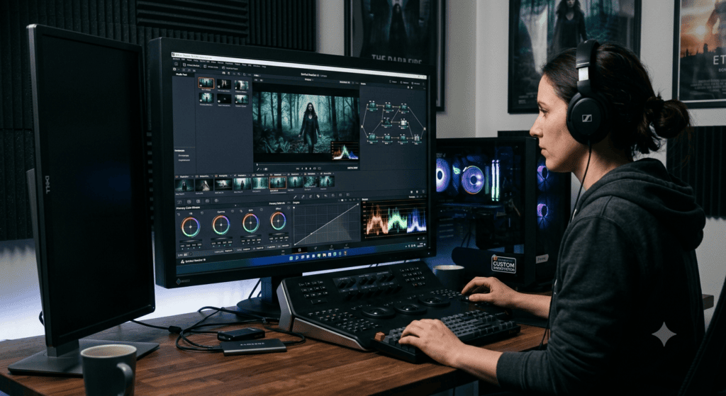 DaVinci Resolve 무료 버전의 색보정 Color 페이지 화면, 윈도우 고사양 PC 환경에서 전문 영상 편집 작업 중