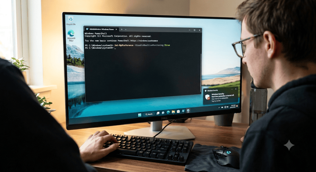 PowerShell 창에서 Set-MpPreference 명령으로 실시간 보호를 비활성화하는 장면