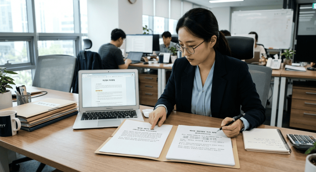 개인정보 처리방침 문서에서 제3자 제공 조항과 위탁업체 조항을 나란히 검토하는 담당자의 모습, 사무실 책상 위 노트북과 계약서