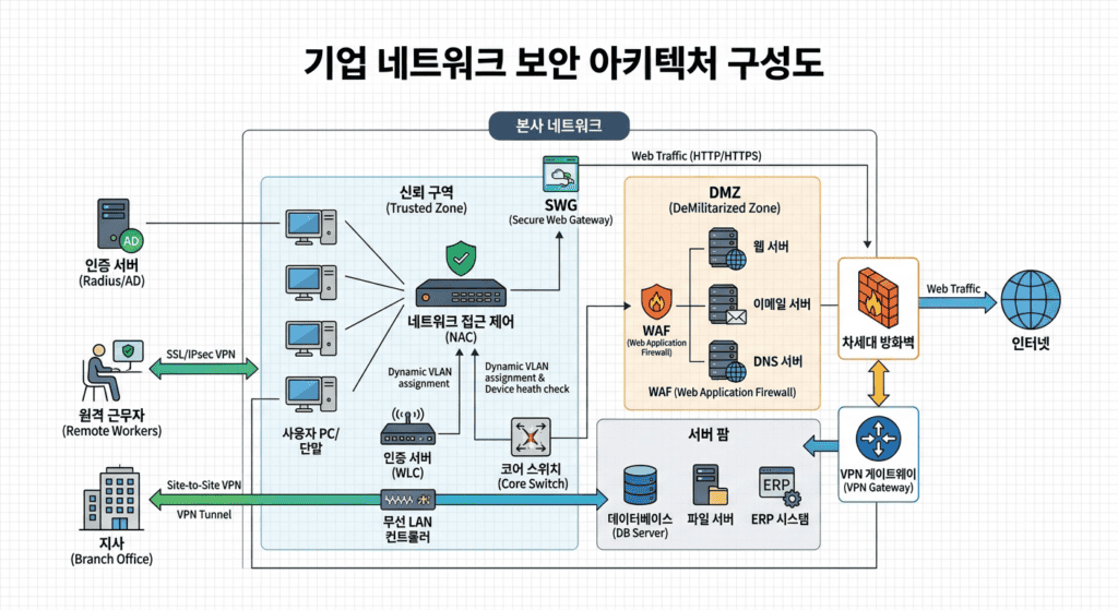 기업 네트워크 환경에서 방화벽, NAC, SWG, VPN이 연결된 보안 아키텍처 구성도