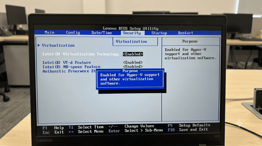 레노버 바이오스 Security 탭에서 Intel Virtualization Technology를 Enabled로 설정하는 화면, Hyper-V 활성화 목적