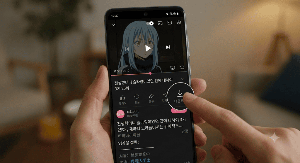 비리비리 모바일 앱 영상 재생 화면에서 다운로드 아이콘을 누르는 모습, 스마트폰 화면 캡처