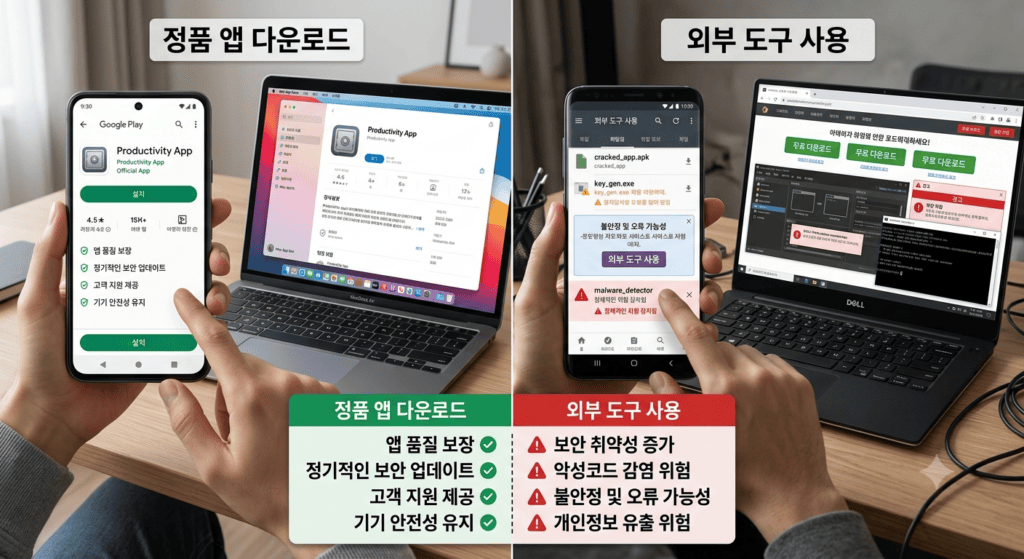 스마트폰과 노트북 화면을 나란히 두고 정품 앱 다운로드와 외부 도구 사용을 비교하는 이미지